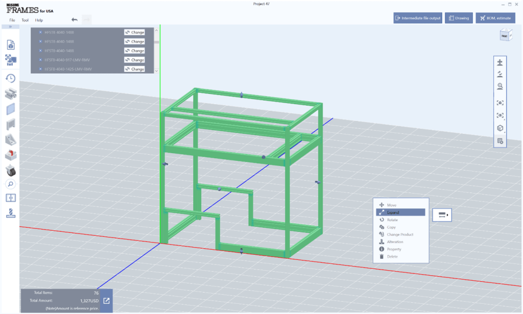 MISUMI FRAMES Software selecting the Expand feature.